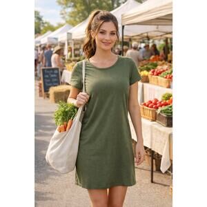 J. Crew Women’s Olive Green Short Sleeve Tshirt Dress 100% Cotton Sz LG Preppy